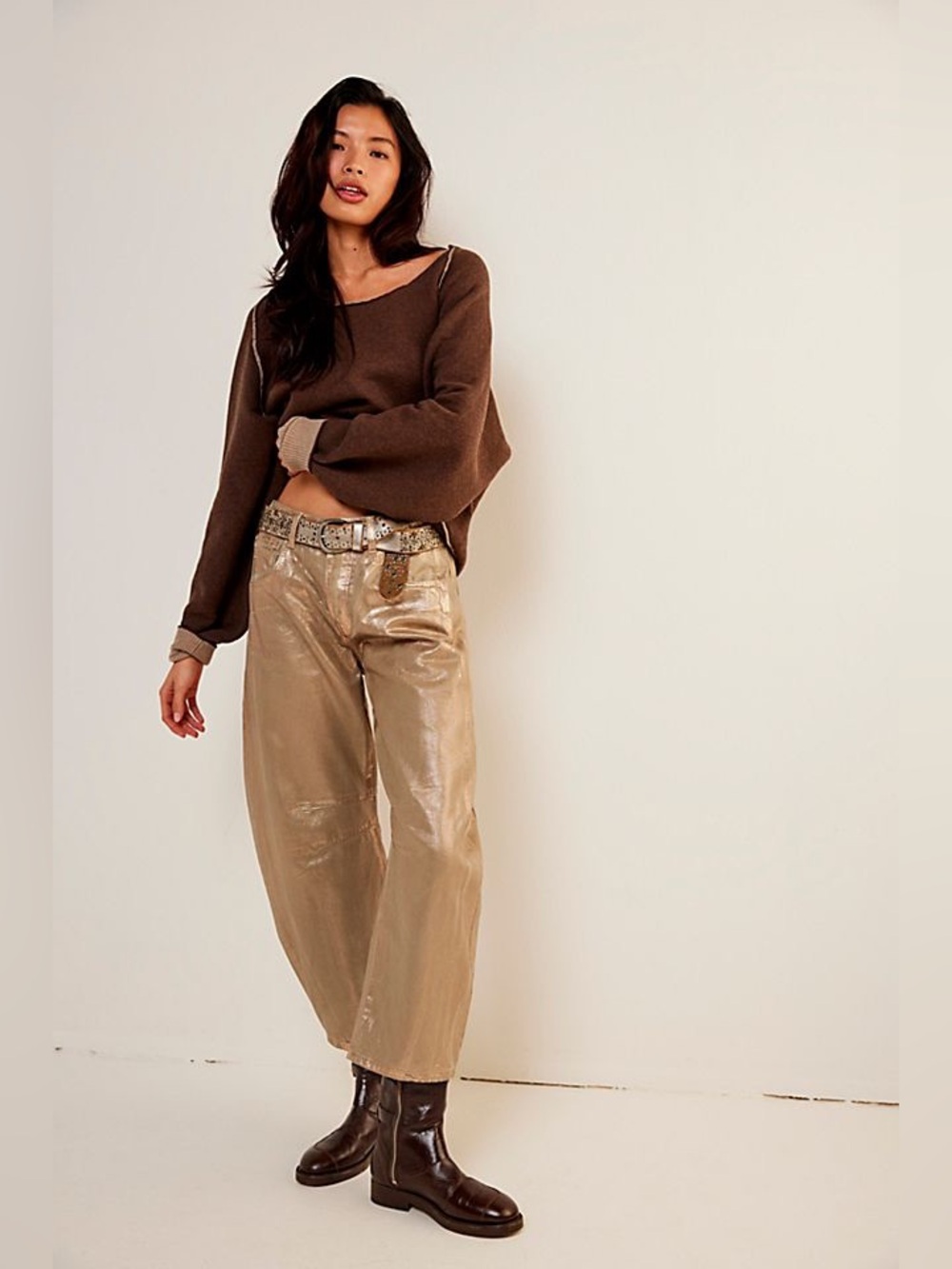 We The Free Good Luck Mid-Rise Metallic Barrel Jeans in More Champagne
